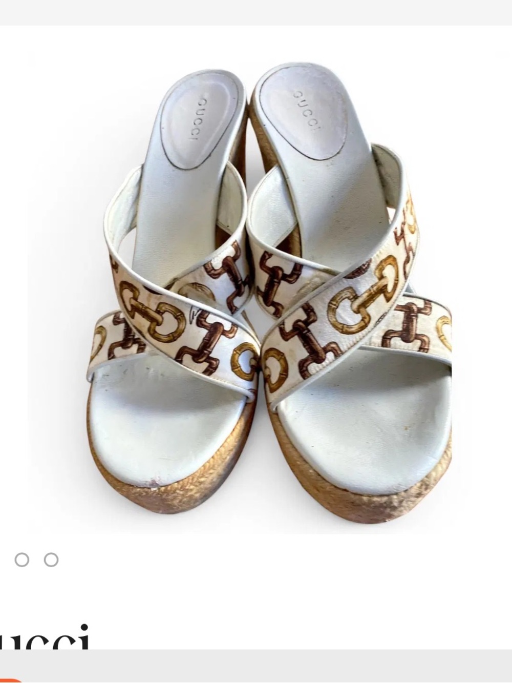 Gucci White Leather Espadrille Wedges with Brown and Gold Horsebit Print 7 Y2K
